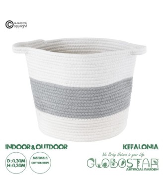 GloboStar® Artificial Garden KEFALONIA 20320 Διακοσμητικό Πλεκτό Καλάθι - Κασπώ Γλάστρα - Flower Pot Γκρι με Λευκό Φ30cm x Υ30cm